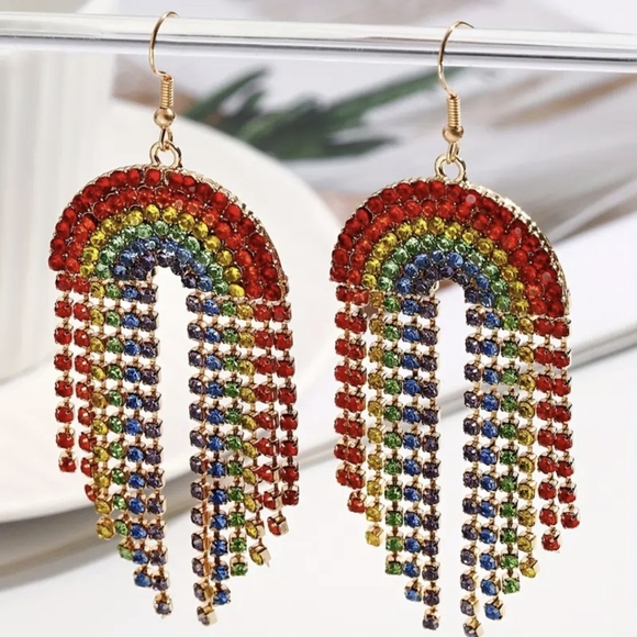 Rainbow Rhinestone Dangle Drop Earrings - Picture 4 of 4